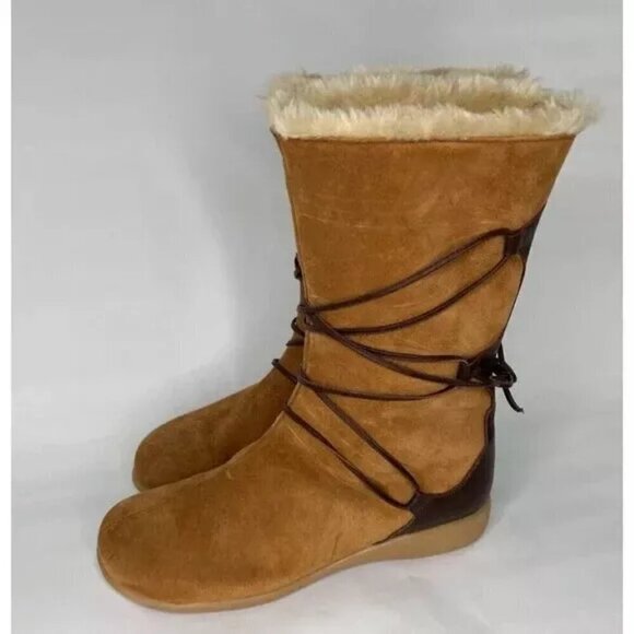 NWT SANTANA Canada Womens 6M Mid Calf Chestnut Brown Suede Boots Lace Waterproof - Picture 1 of 11